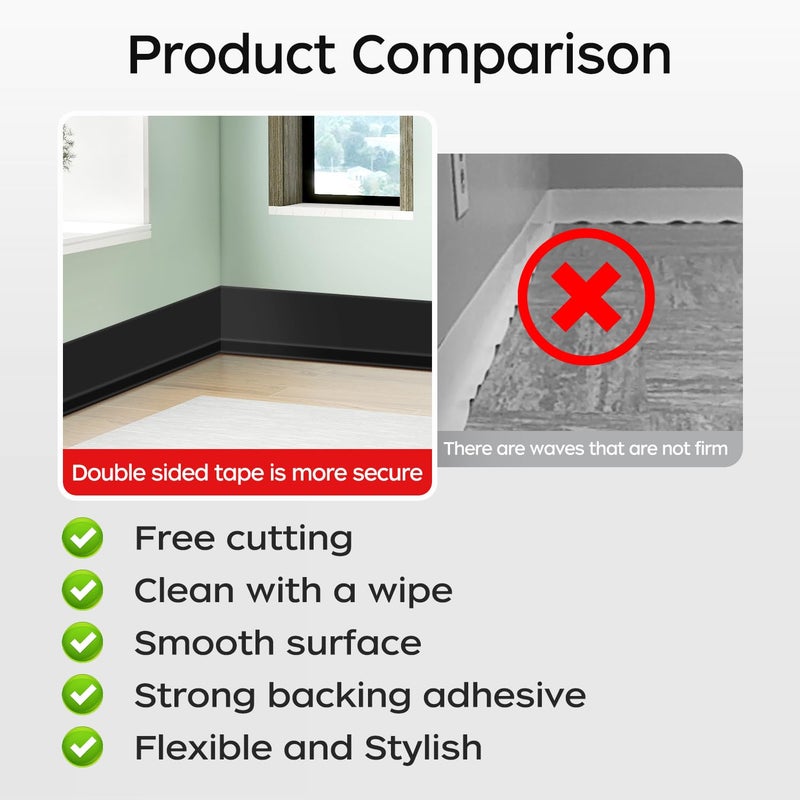 YYGCL Flexible Baseboard Molding Trim 3 Inch(W) x 40 Feet(L) Self Adhesive Vinyl Wall Base Peel and Stick Cove Base Rubber Wall Base. (Black) - Image 4